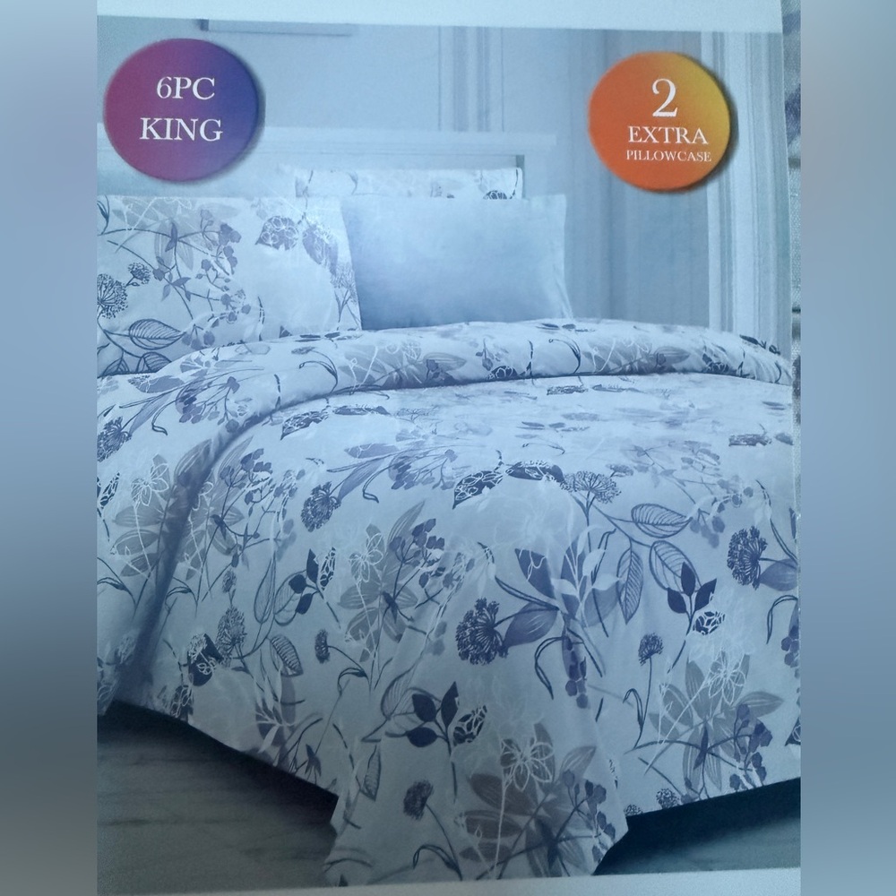 King Size Luxurious Sheet Set Home Essentials 6 Piece Grey Purple Botanical New